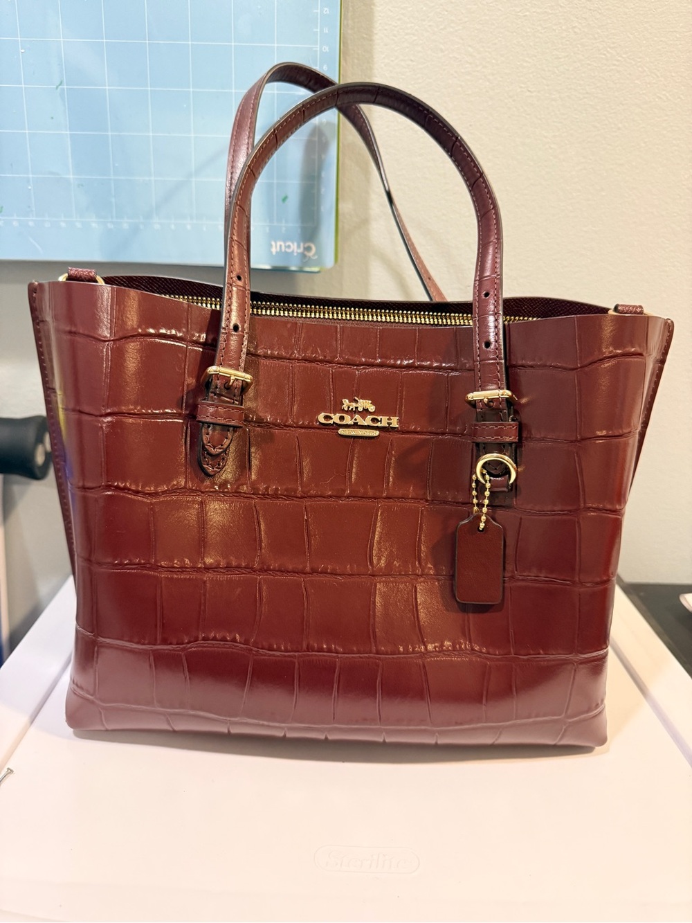 Coach Croc-Embossed Leather Tote in Deep Burgundy